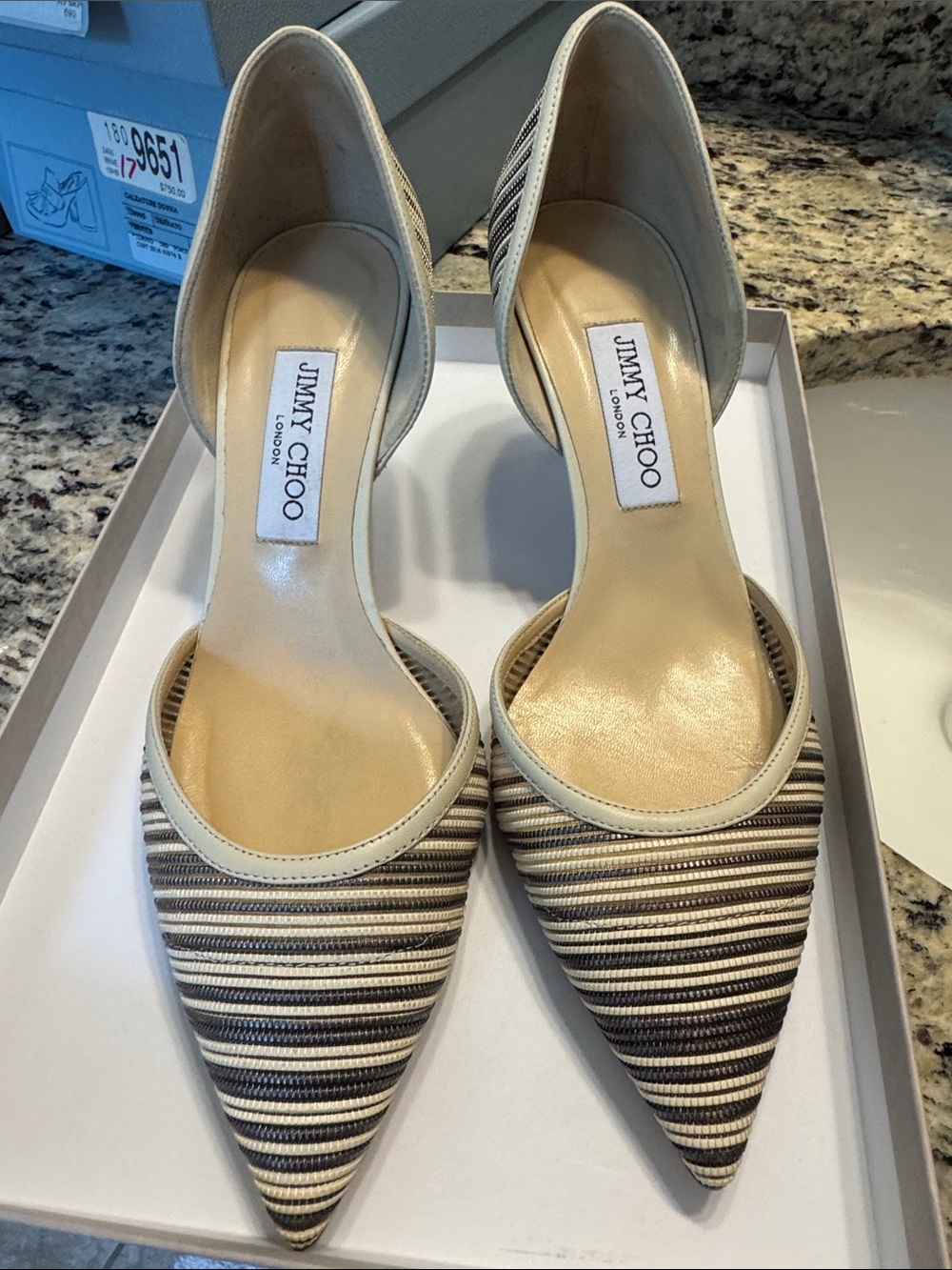 Jimmy Choo Striped Pointed D'Orsay Pumps in Beige and Black
